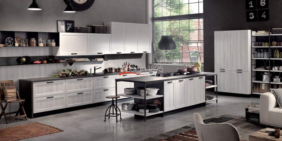 Кухня лофт бело серая