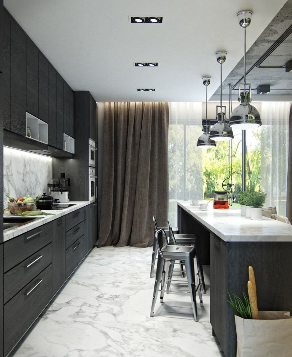 Серо белая кухня лофт