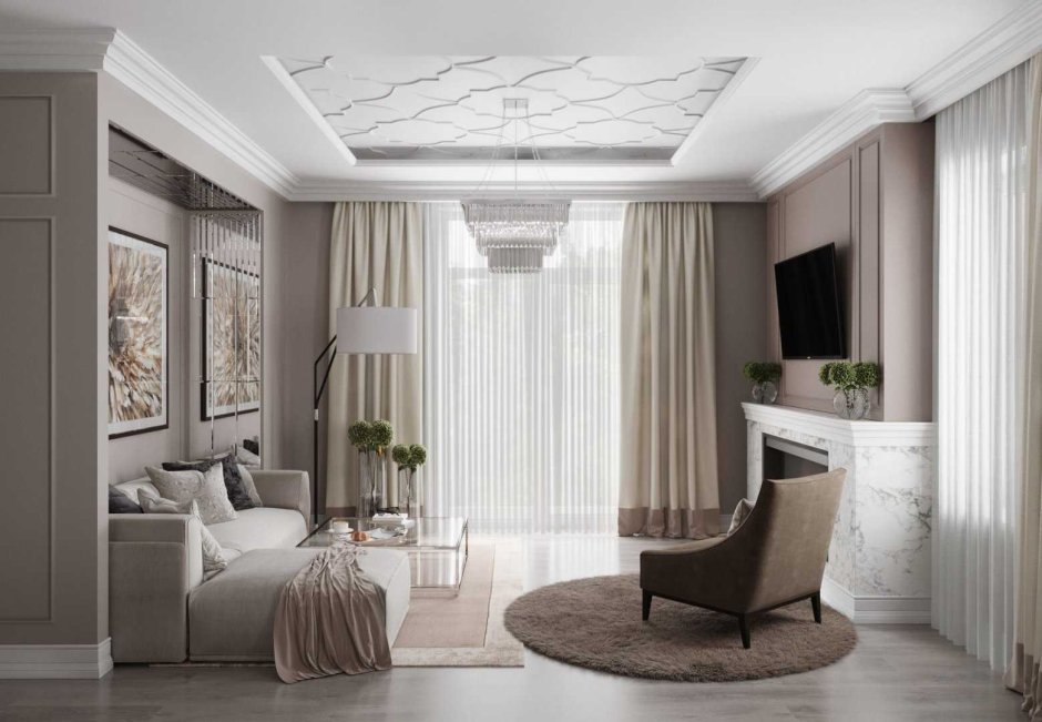 Гостиная 40 кв м стиль Неоклассика