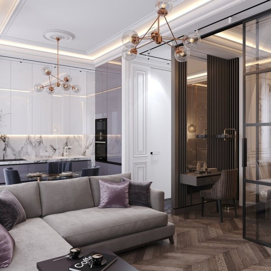 Гостиная 40 кв м стиль Неоклассика