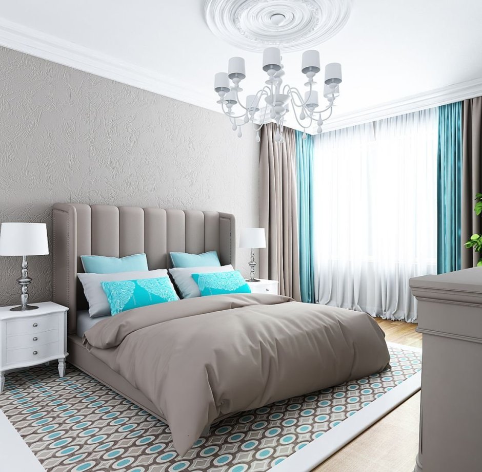 Спальня в серо бирюзовых тонах
