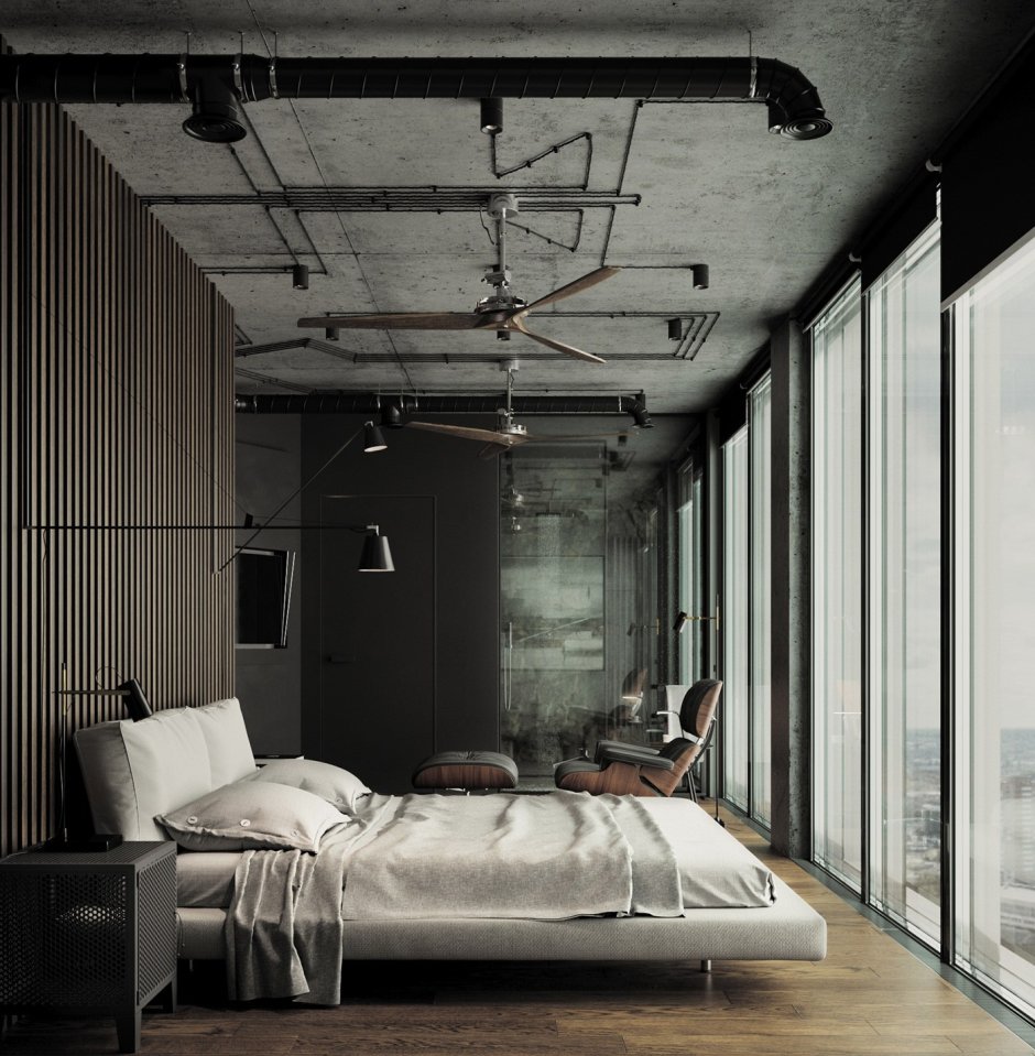 Спальня лофт с панорамными окнами