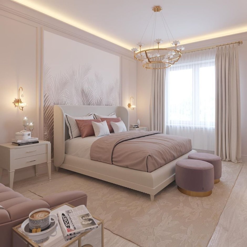 Пудровая кровать в интерьере
