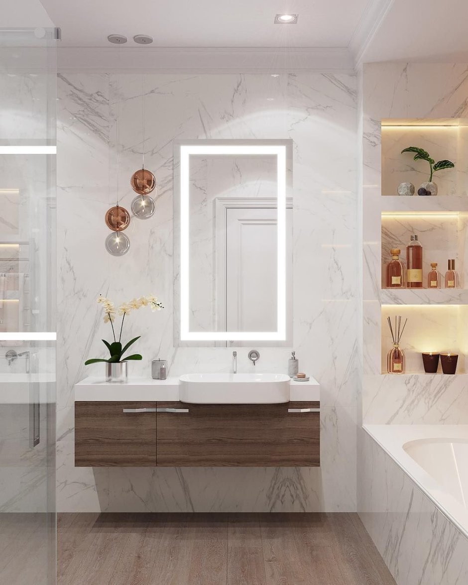 Ванная белый мрамор и дерево