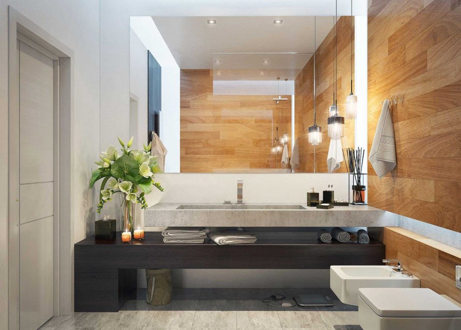 Современная ванная с деревом