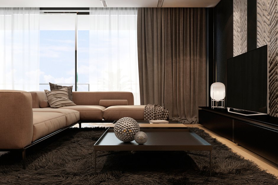 Темные шторы в интерьере гостиной