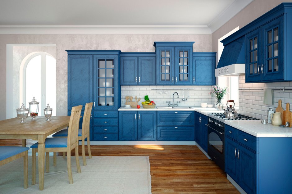 Синий кухонный гарнитур в интерьере сочетание цветов