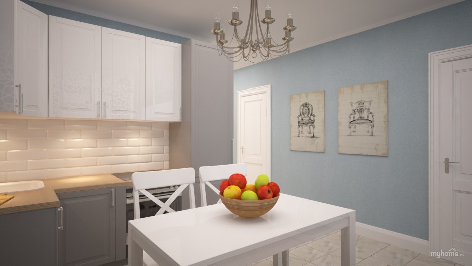 Серо-голубой цвет стен на кухне