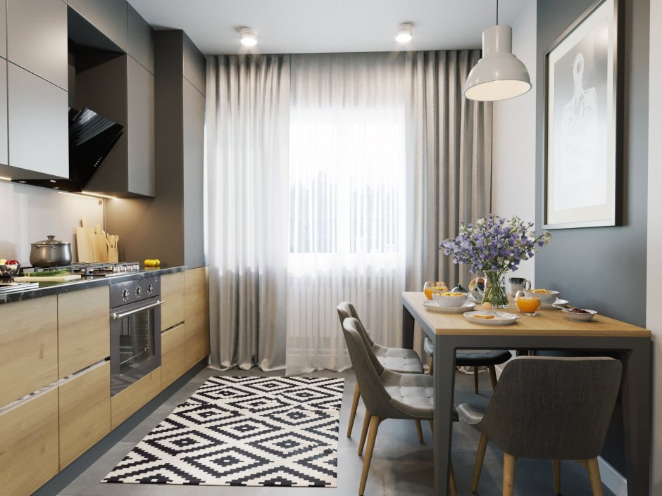 Серая кухня 9кв м интерьер штор