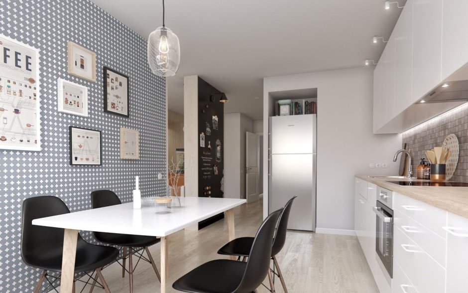 Серые обои в интерьере кухни