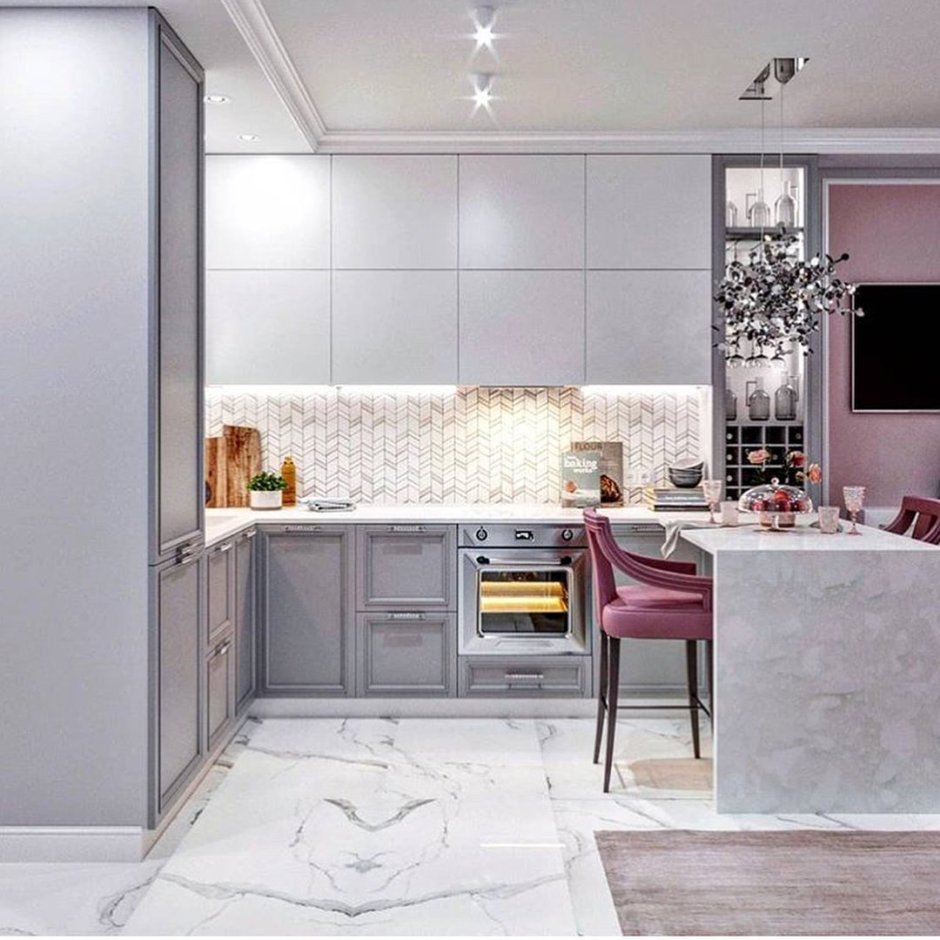 Серо розовая кухня