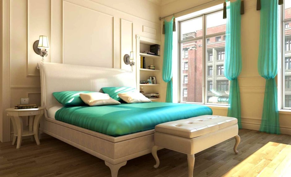 Бирюзовая кровать в интерьере спальни