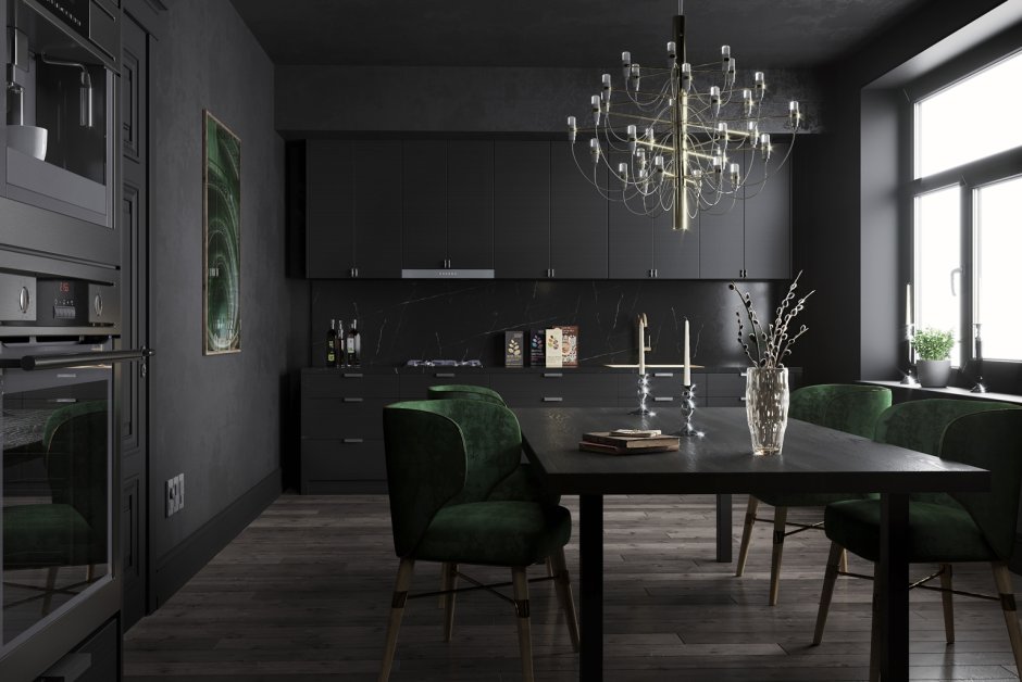 Изумрудный и чёрный цвет в кухне