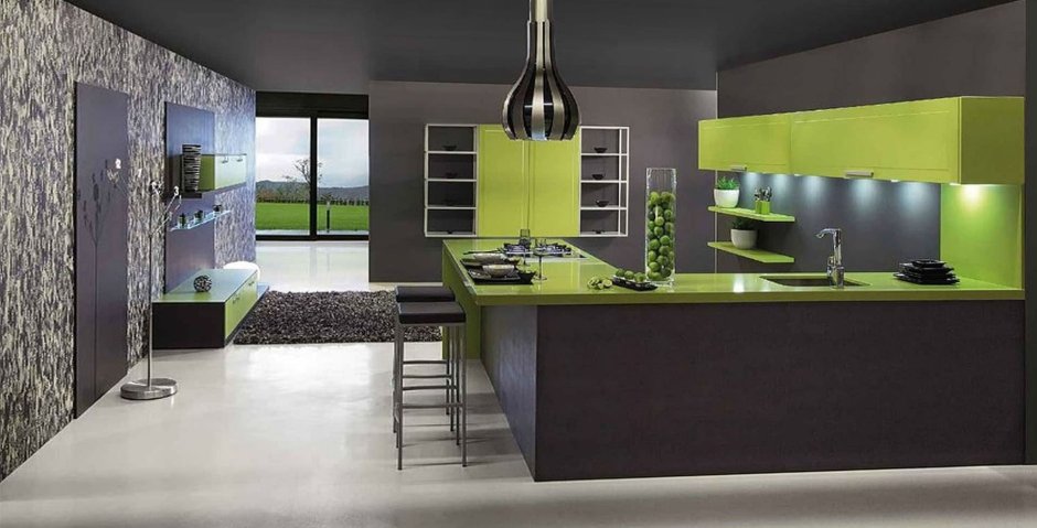 Серо зеленая кухня в интерьере