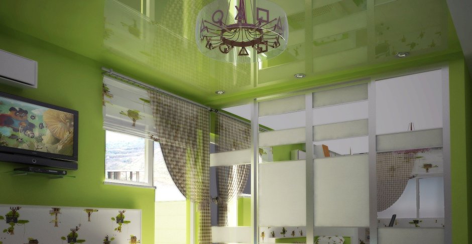 Натяжной потолок бледно зеленый на кухне