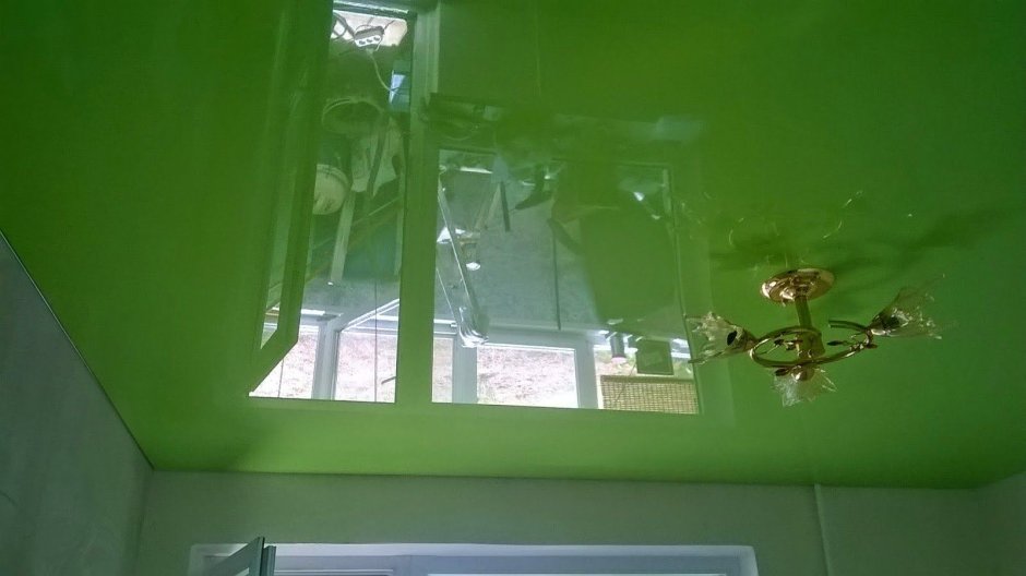 Зеленый натяжной потолок в зале