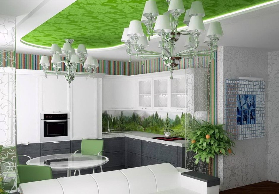 Зеленый натяжной потолок на кухне