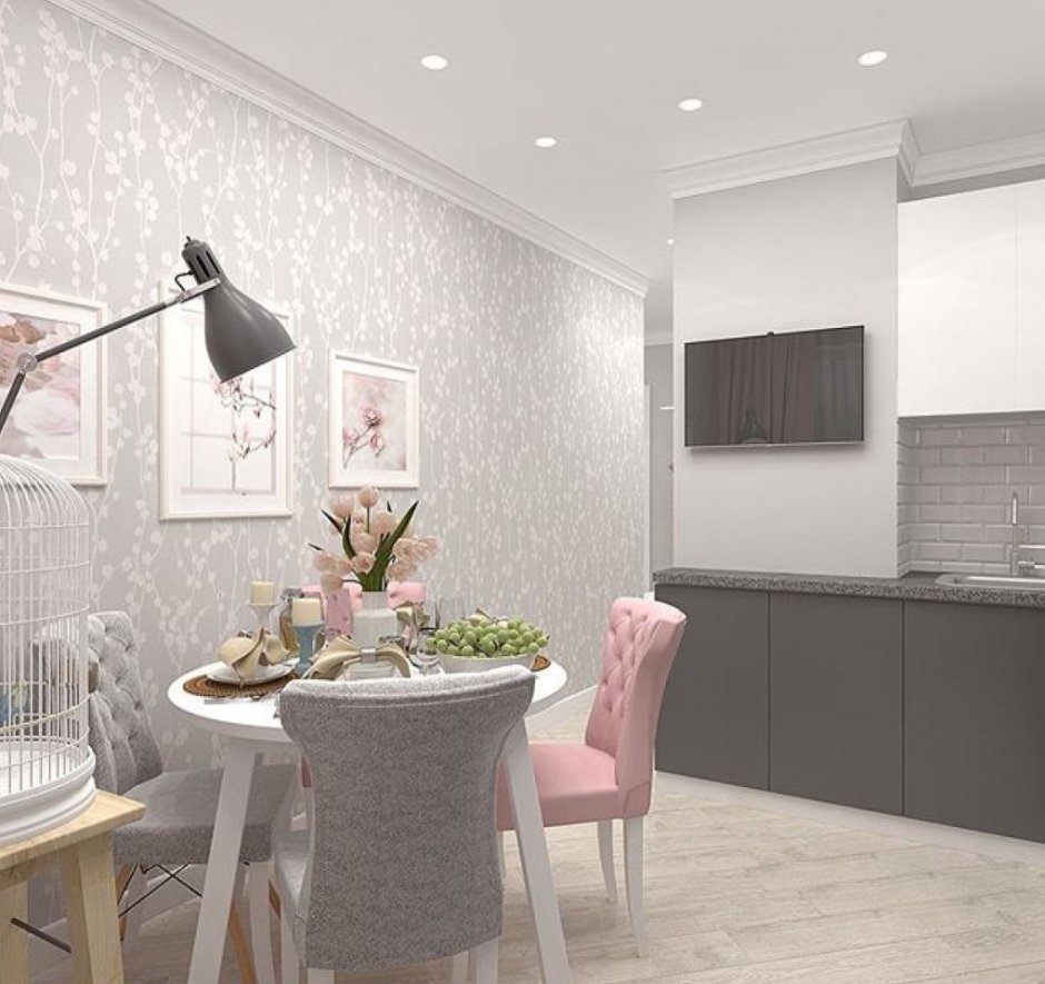 Серый с розовым в интерьере кухни