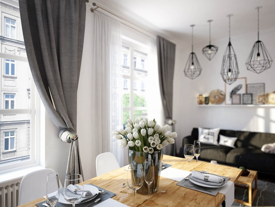 Шторы монохром в интерьере гостиной