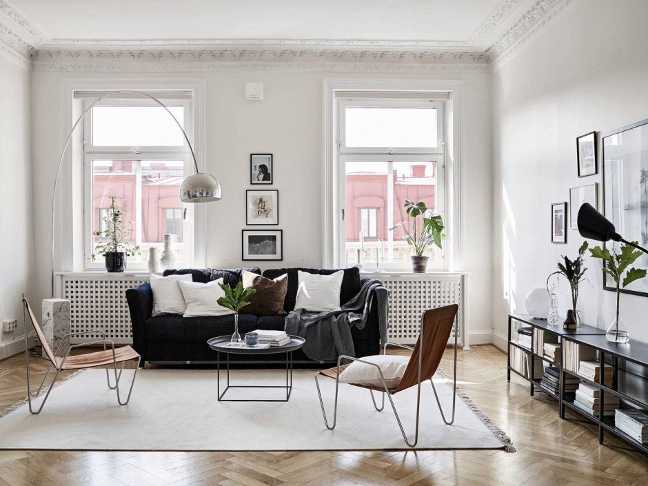 Монохромная гостиная в скандинавском стиле