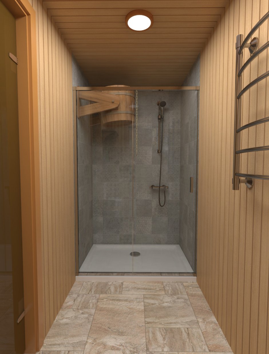 Помывочная в деревянной бане с душем интерьер