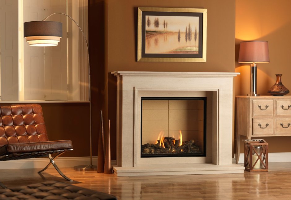 Камин двусторонний угловой в интерьере