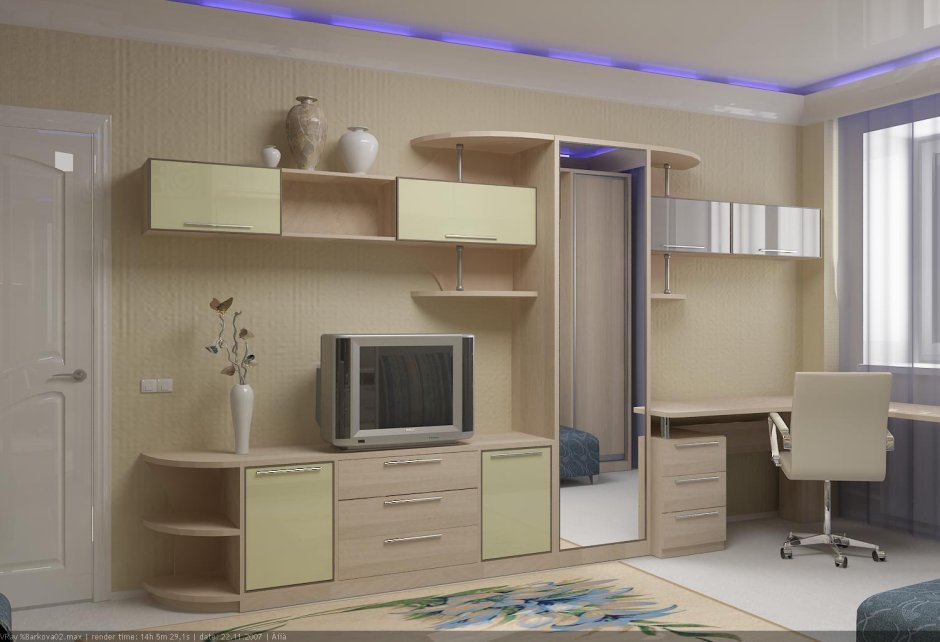 Гостиная с компьютерным столом и шкафом