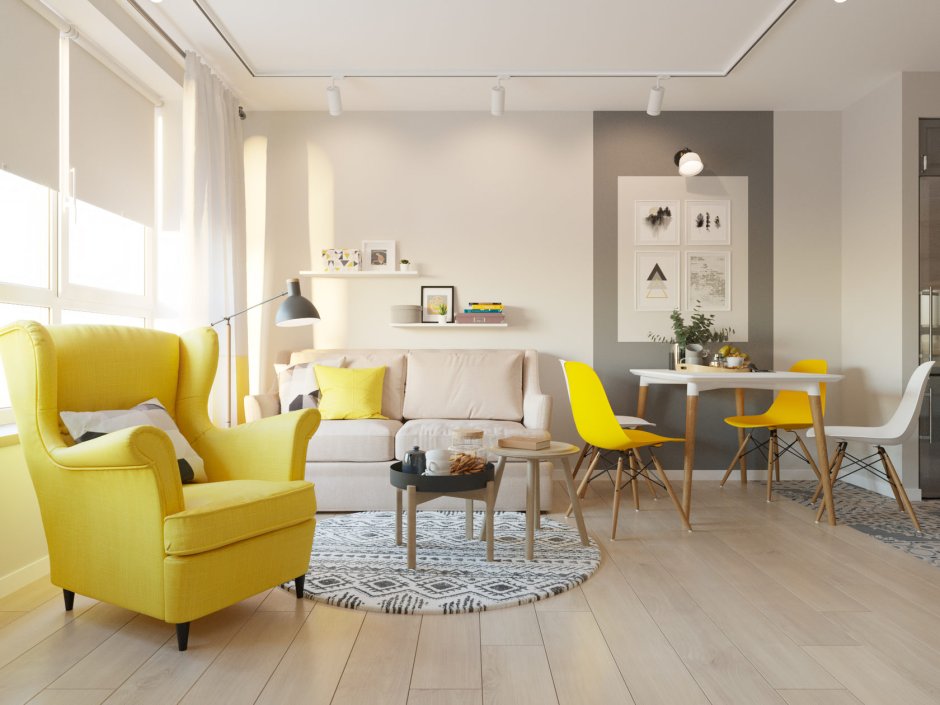 Желтый диван в скандинавском стиле