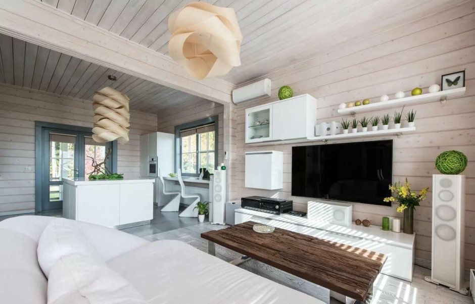 Интерьеры в домах из клееного бруса в скандинавском стиле