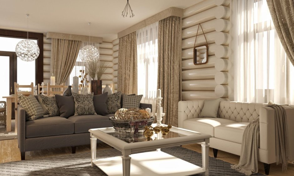 Шторы в гостиную в бревенчатом доме