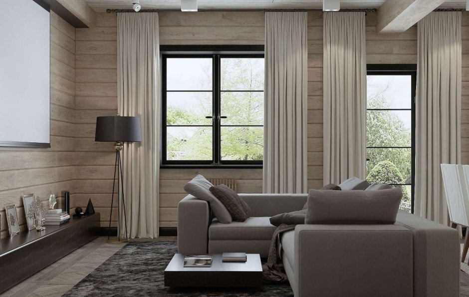 Интерьер гостиной в доме из клееного бруса