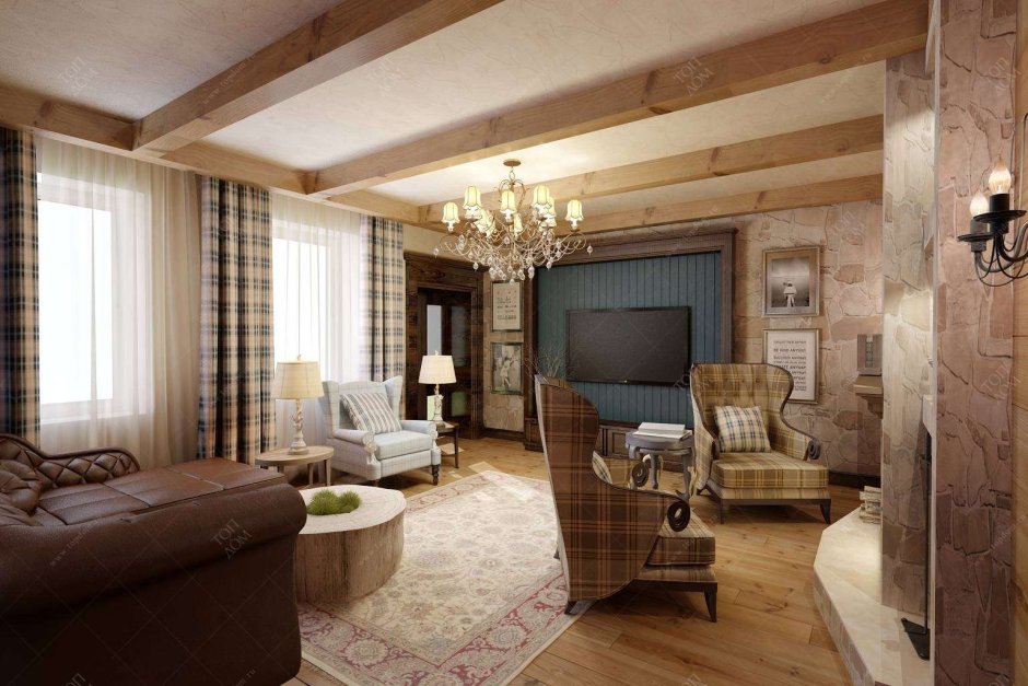 Интерьер гостиной в частном деревянном доме