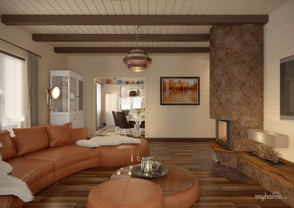 Отделка гостиной деревом в частном доме