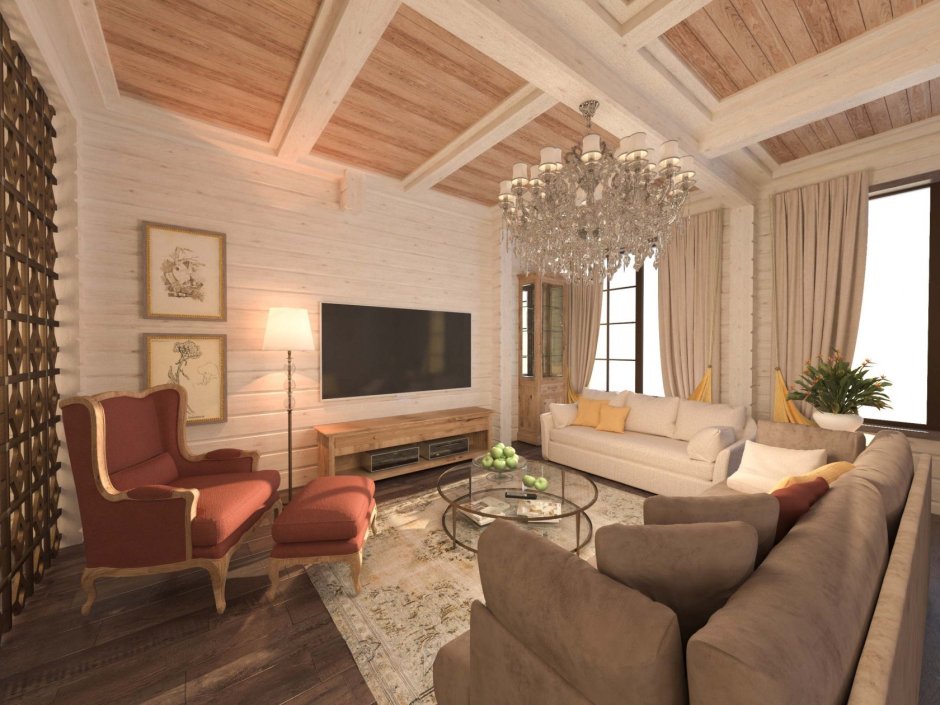 Интерьер гостиной в частном доме из бруса