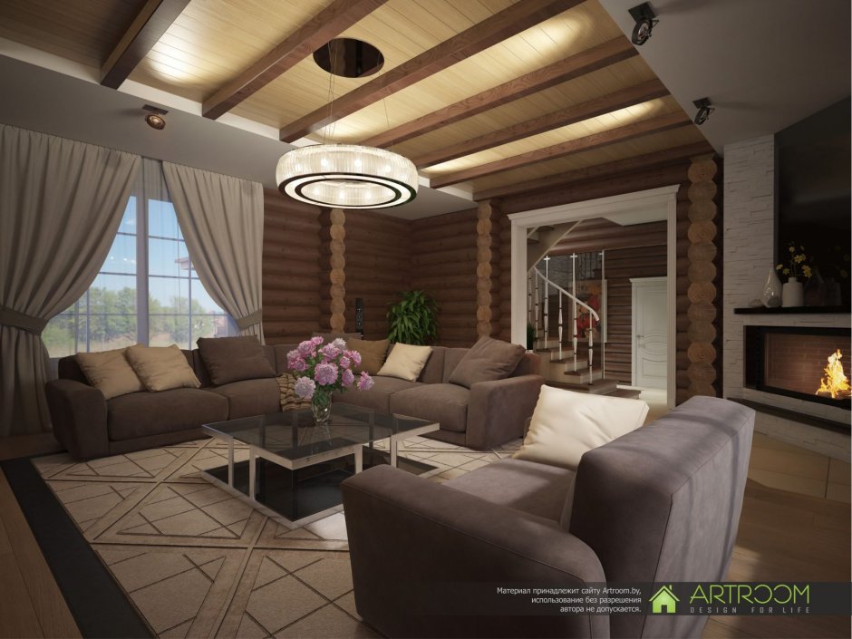 Гостиная в частном доме из бруса