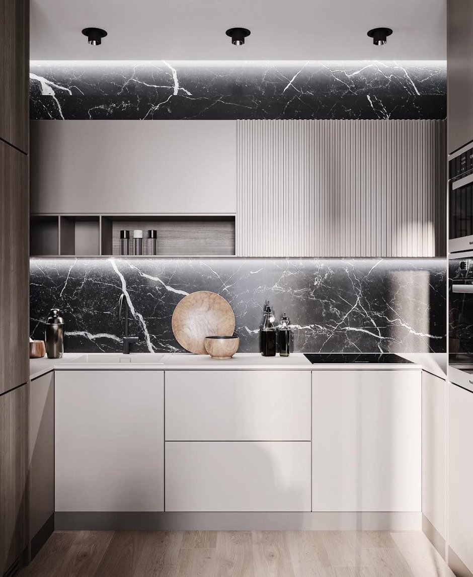 Белая кухня в современном стиле с мрамором