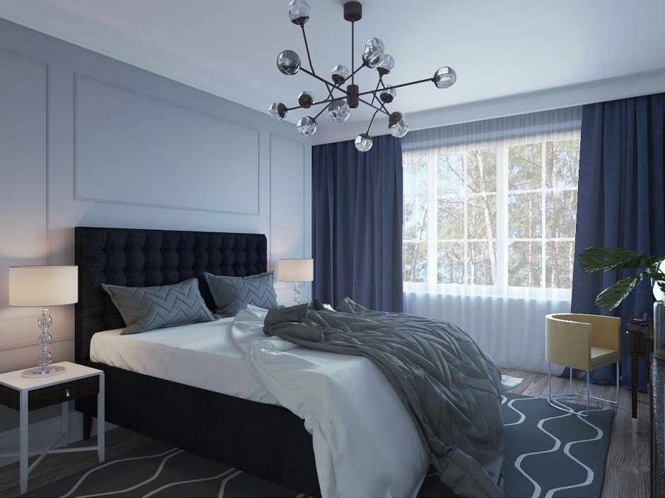Серая спальня с синими шторами