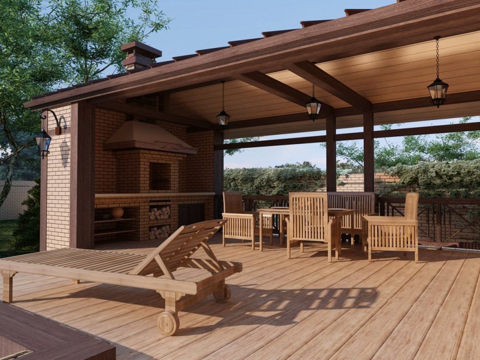 Баня с односкатной крышей и террасой и зоной барбекю