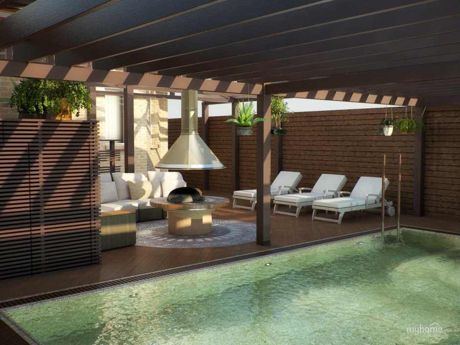 Баня с бассейном на веранде