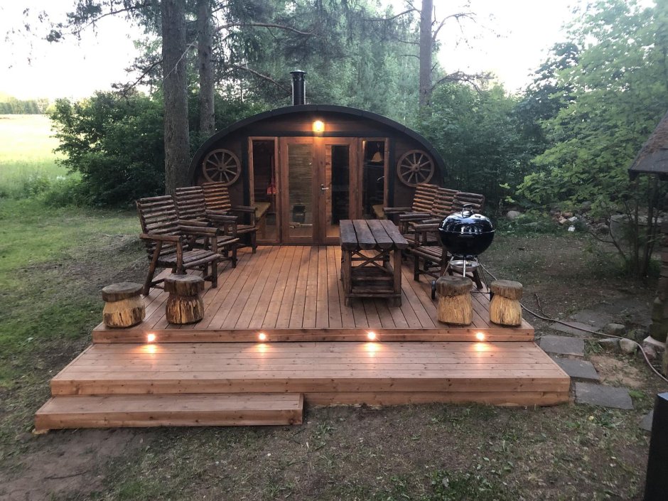 Баня бочка с террасой