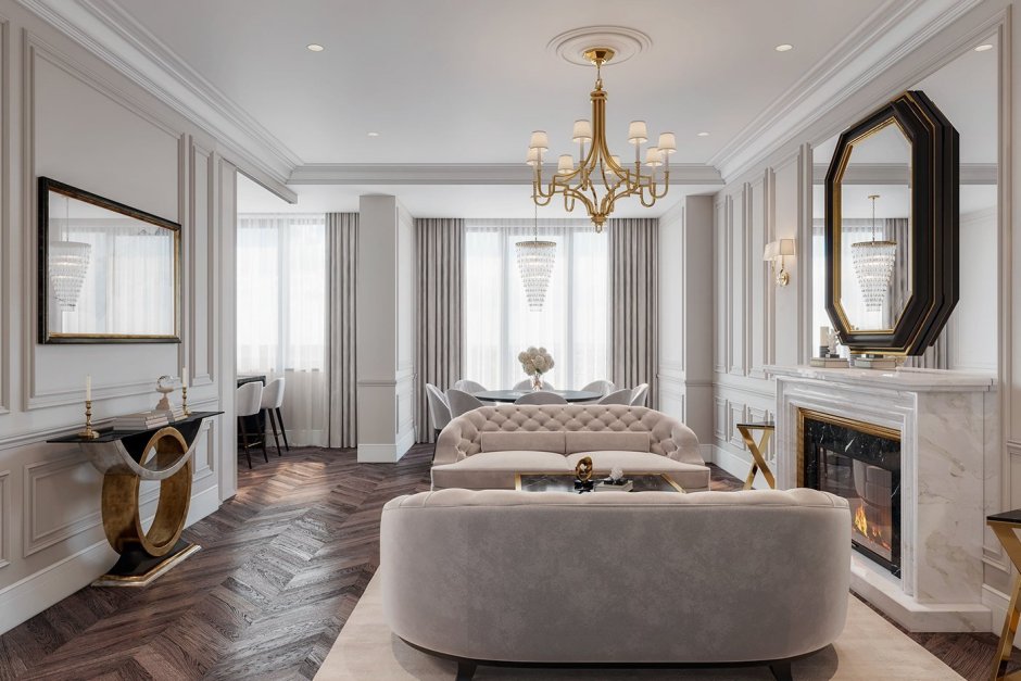 Линкруста в интерьере гостиной в стиле Неоклассика