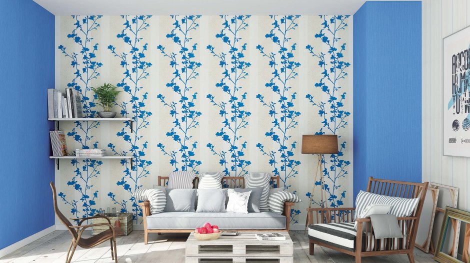 Сочетание цветных и однотонных обоев