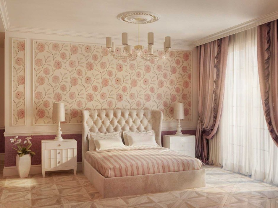 Горизонтальное комбинирование обоев в спальне