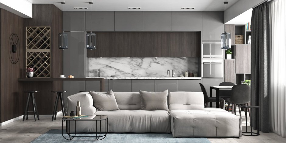Кухня гостиная в темно сером цвете
