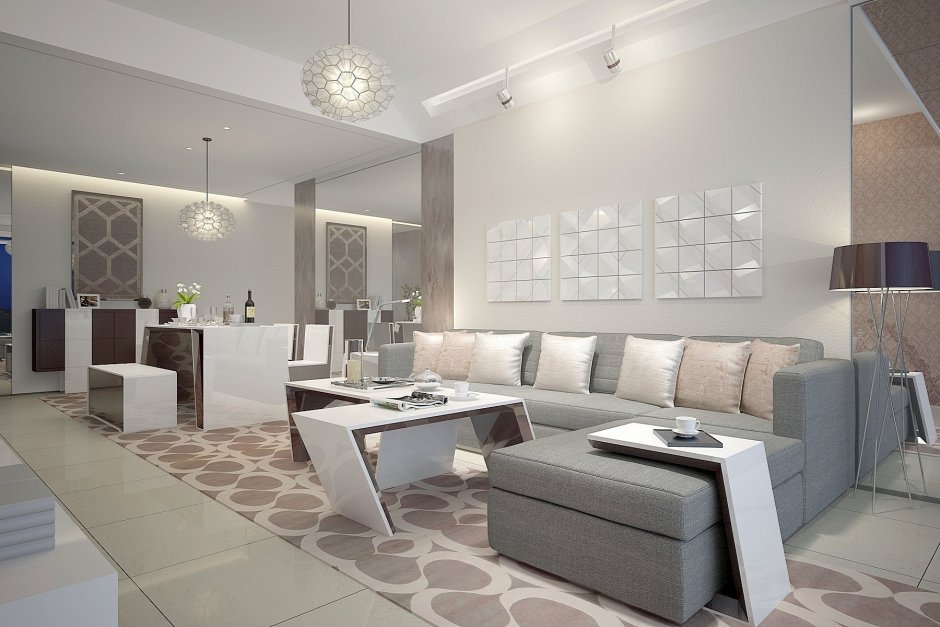 Кухня гостиная в бежево серых тонах