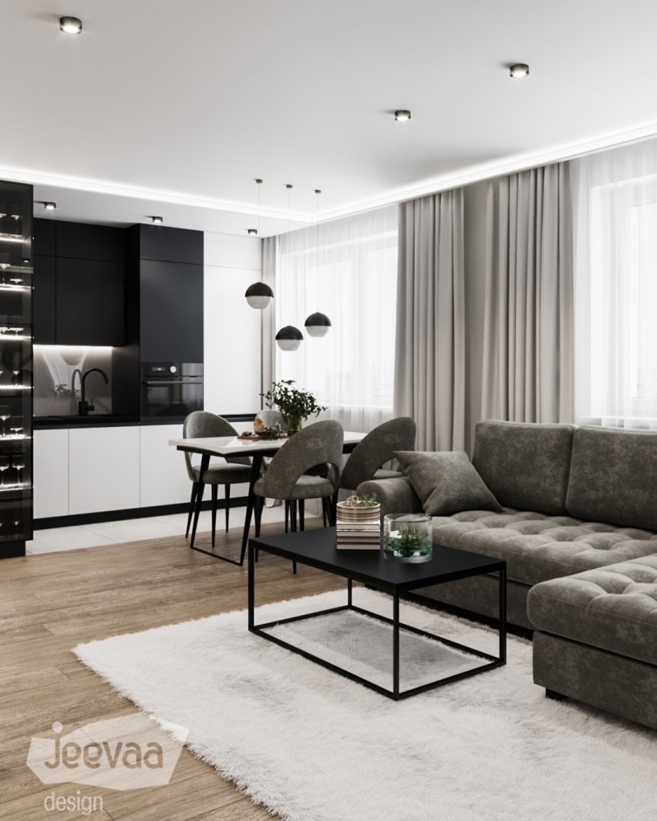 Черно белая кухня гостиная