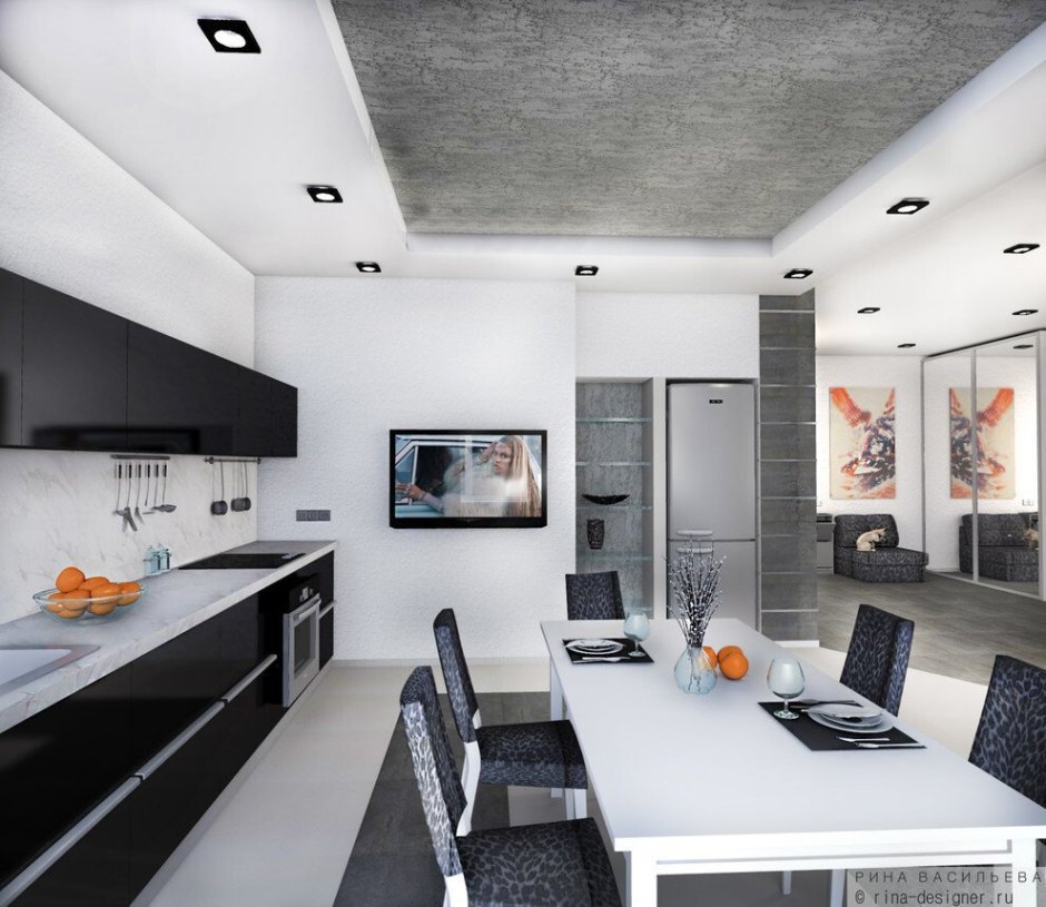 Серо белая кухня гостиная