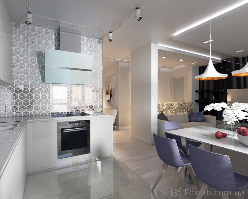 Серо белая кухня гостиная