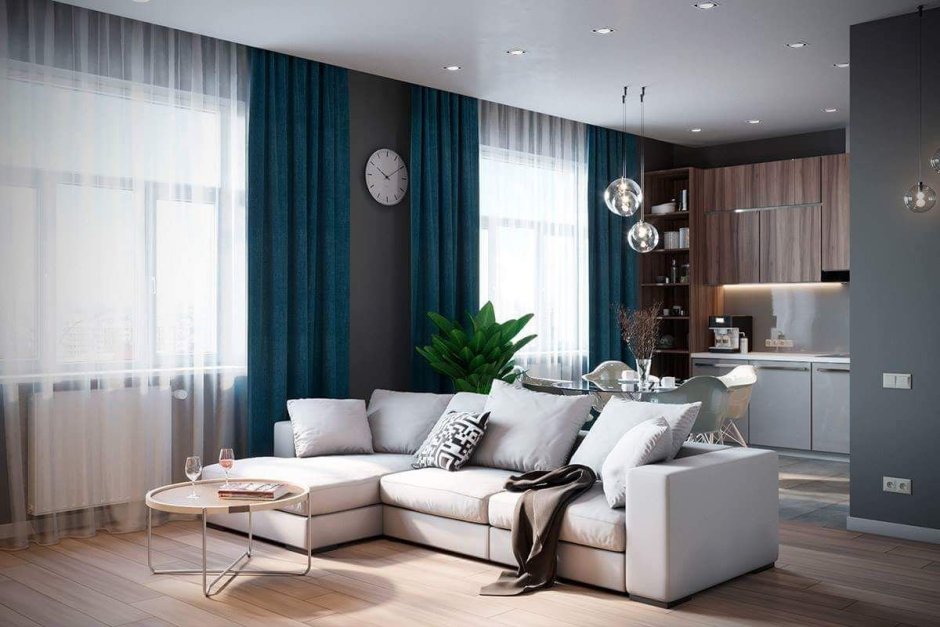 Серые шторы в интерьере гостиной