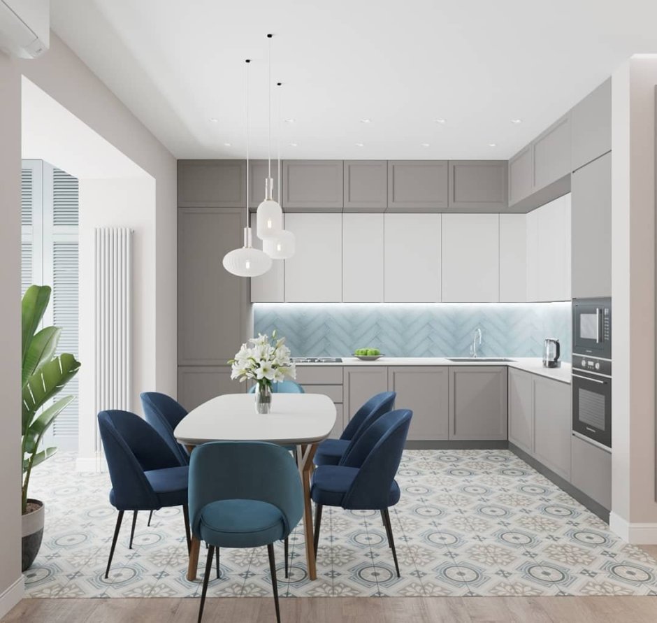 Интерьер кухни в серо голубых тонах
